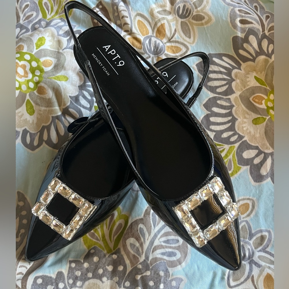 Black Flat Sling Backs Square Rhinestone Embellishments